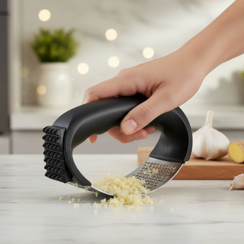 Black garlic press with metal surface