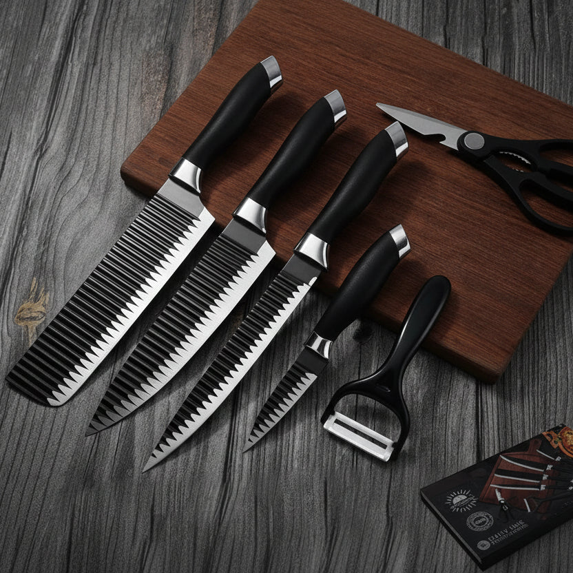 Set of knives and a pair of scissors on a wooden cutting board with a card in the background.