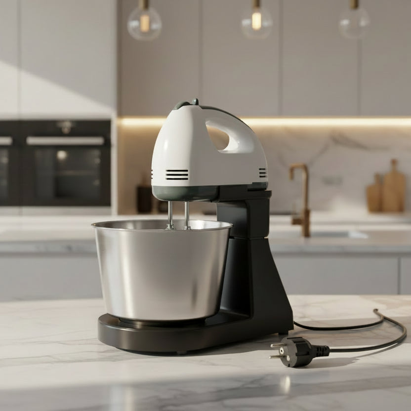 Stand mixer with a silver bowl